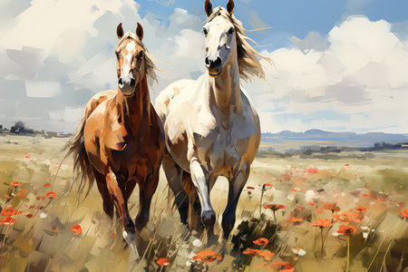 Two horses on the field of poppies. Digital painting.の素材
