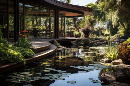 Luxury tropical garden with pond, plants and trees in sunlightの素材