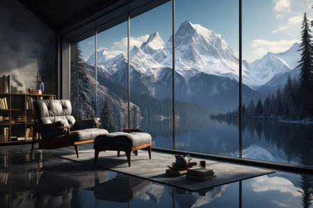 Interior of modern living room with mountain view, 3d renderの素材