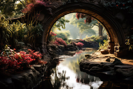 Beautiful landscape in the garden with river and stone bridge in the morningの素材