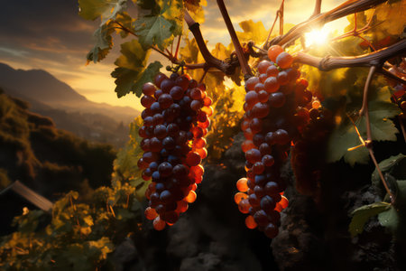 Ripe red grapes in vineyard at sunset. Tuscany, Italyの素材