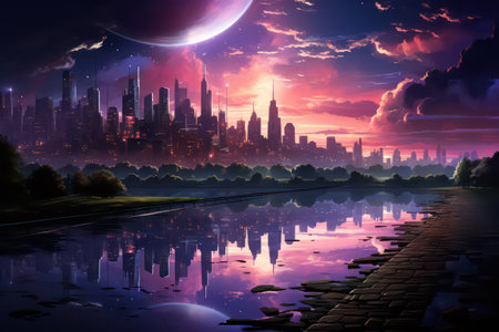 Fantasy city at night with full moon and reflection in the waterの素材