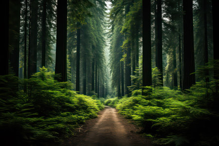 Foggy forest road with green trees and sunlight. Nature backgroundの素材