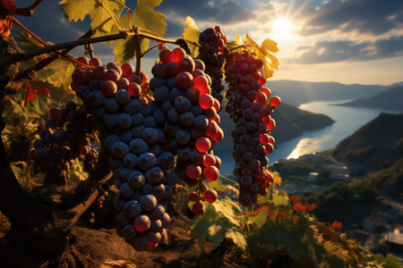 Ripe red wine grapes on vineyards in Lavaux region, Switzerlandの素材