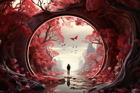 Fantasy landscape with a man in a red forest. 3d renderの素材