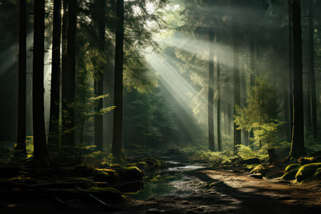 Mysterious dark forest with sunbeams shining through the treesの素材