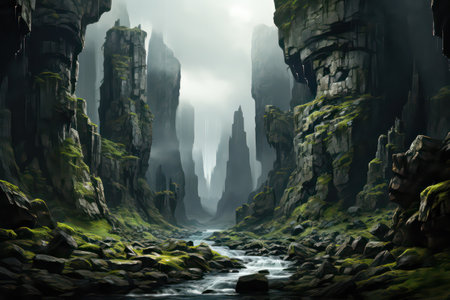Fantasy landscape with a river flowing through the rocks. 3D renderingの素材