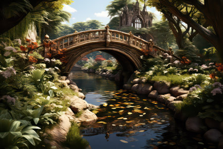 Beautiful fantasy garden with bridge, trees and pond. Digital paintingの素材