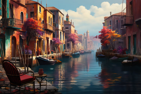 Digital painting of a canal with colorful houses in Venice, Italy.の素材