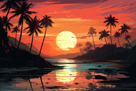 Beautiful sunset on the beach with palm trees. vector illustration.の素材