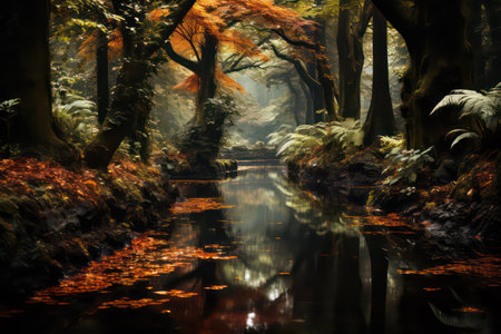 Beautiful autumn forest with river and trees. 3D rendering.の素材
