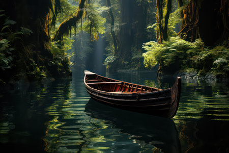 wooden boat on the lake in the forest,3d renderの素材