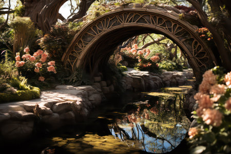 Japanese garden with pond, arch and blooming flowers in spring.の素材