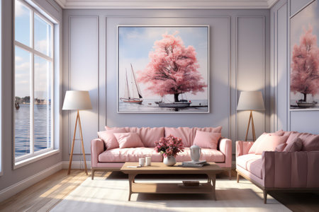 interior with pink sofa. 3d illustration mock up computer generated imageの素材