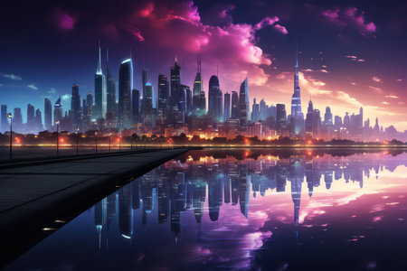 night scene of modern city with reflection in water,shanghaiの素材