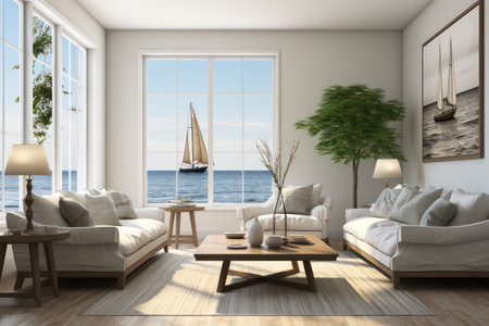 modern living room with sea view, 3d render illustration mock upの素材