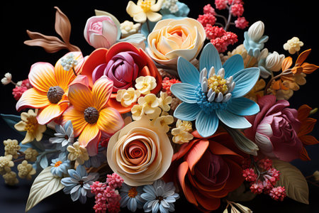 Colorful bouquet of flowers on a black background, close upの素材