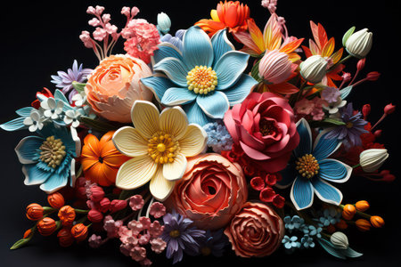 Colorful bouquet of flowers on black background. floral backgroundの素材