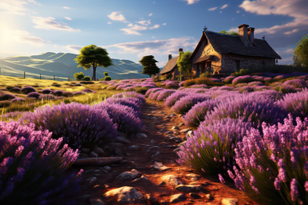 Lavender field and old wooden house in the mountains at sunsetの素材