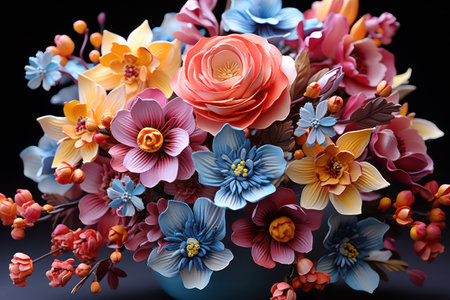 Bouquet of colorful flowers in vase on black background.の素材