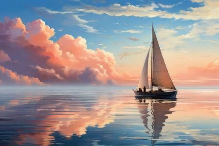 Sailing boat on the sea at sunset. 3d illustration.の素材
