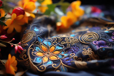 Colorful fabric with floral pattern on black background, close-upの素材