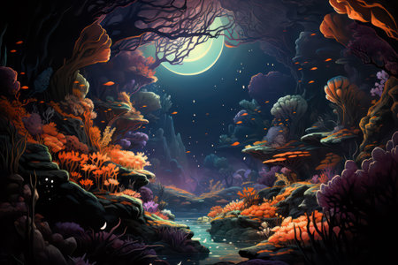 Underwater world with coral reef and moon. 3D illustration.の素材