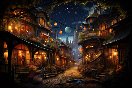 Halloween night in old town with full moon, 3d renderingの素材