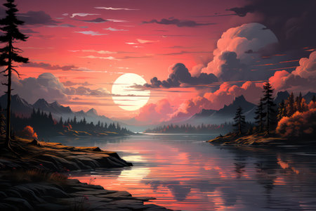 Fantasy landscape with lake and mountains at sunset. Vector illustration.の素材