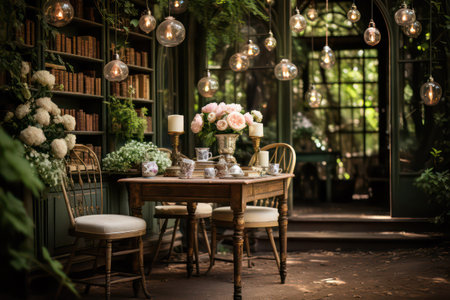 Luxury table and chairs in a cozy summer garden. Selective focus.の素材