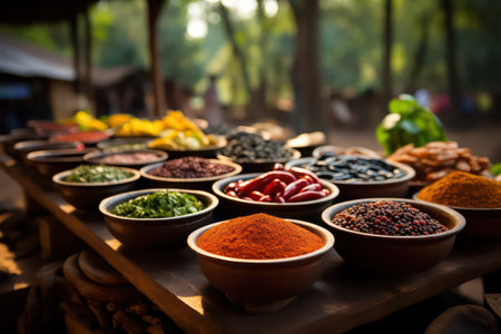 Spices and herbs in bowls on a market stall in Thailand.の素材