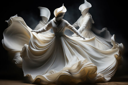 Beautiful woman in white wedding dress dancing in the dark with smokeの素材