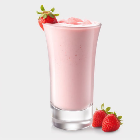 Strawberry milkshake in a tall glass isolated on white backgroundの素材