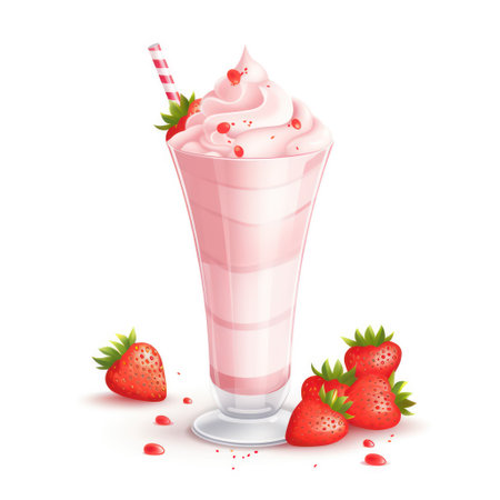 Strawberry milkshake with whipped cream and fresh strawberries. Vector illustration.の素材