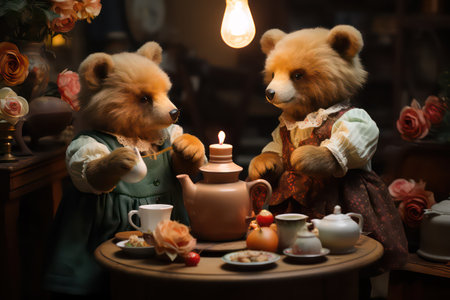 Two teddy bears sitting at a table in a cafe and drinking teaの素材