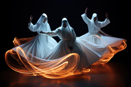 Three Muslim women in white clothes dancing in the light of fire.の素材