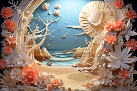 3d render of abstract background with seashells and flowers.の素材