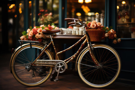 Vintage bicycle with basket of flowers in coffee shop, closeupの素材