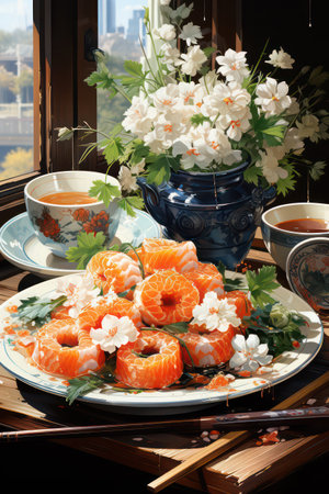 Sushi set on the table with a cup of tea and flowersの素材