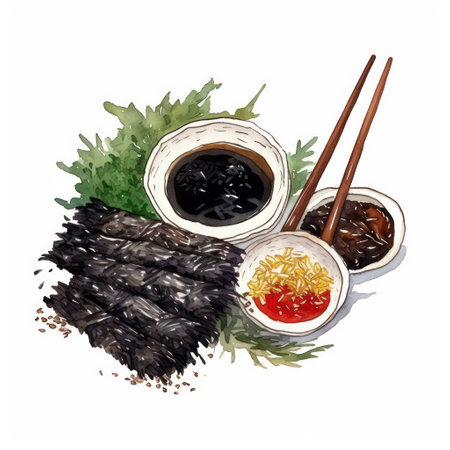 Illustration of a set of sushi and rolls with soy sauce.の素材