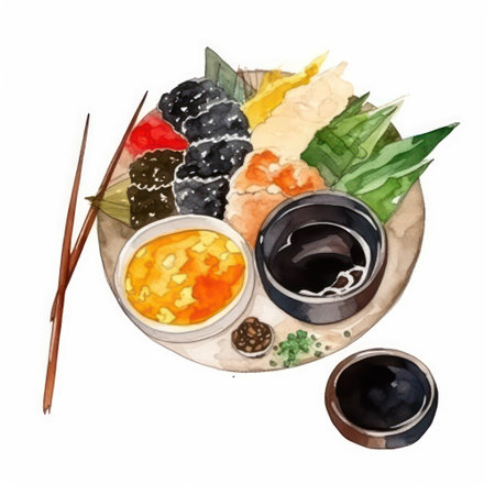 Set of Japanese food. Hand drawn watercolor illustration isolated on white backgroundの素材