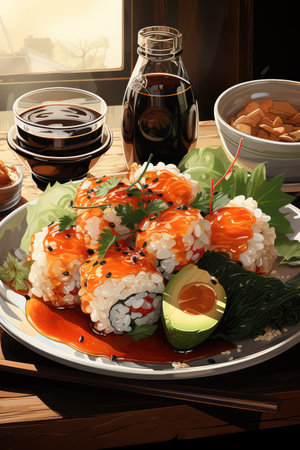 Sushi rolls on a plate with soy sauce and wasabi.の素材