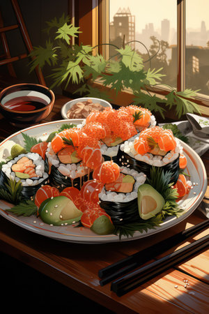 Sushi set with salmon, avocado, cucumber, ginger, wasabi and soy sauceの素材