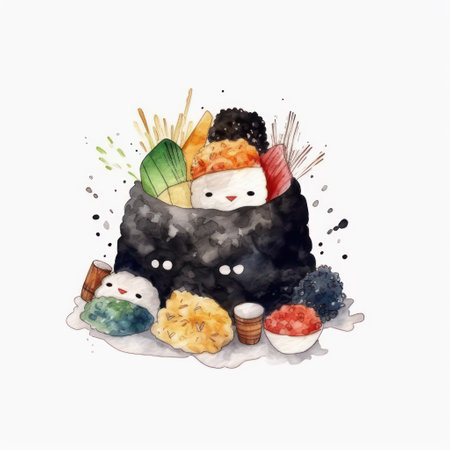 Watercolor illustration of a set of sushi and rolls in a black potの素材