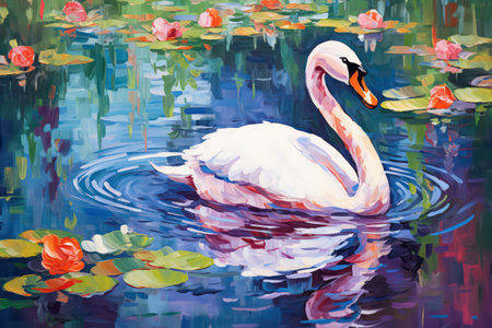 White swan on the pond with water lilies. Digital painting.の素材