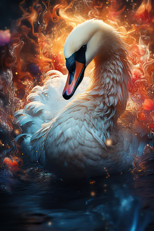 Swan in the water with fire and smoke. 3d renderingの素材