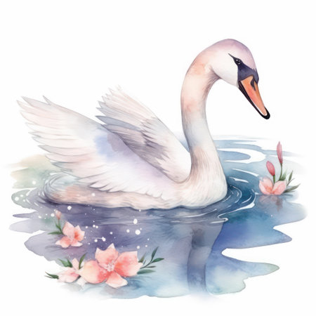 Beautiful watercolor illustration of a white swan with pink flowersの素材