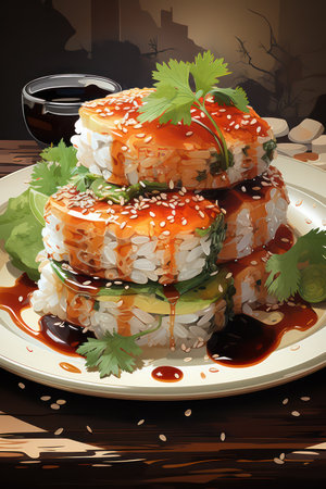 Sushi rolls on a plate with soy sauce and sesame seedsの素材
