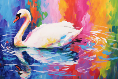 Illustration of a white swan swimming in the water with colorful backgroundの素材