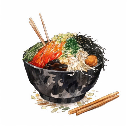 Watercolor illustration of bowl of rice with vegetables and chopsticks.の素材